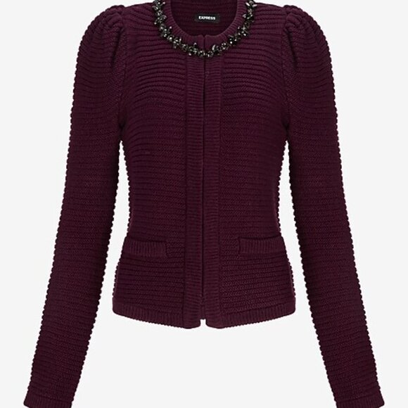 EXPRESS Embellished Rhinestone Collar Puff Shoulders Knit Eggplant Sweater XS - Picture 2 of 6